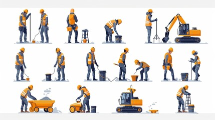 Set of construction engineers and engineering illustrations Flat vector illustrations of construction, management, control, construction management and control, communication