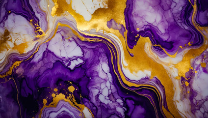 Abstract colorful unique marble or liquid background in gold, purple, white colors. Modern art. fluid art