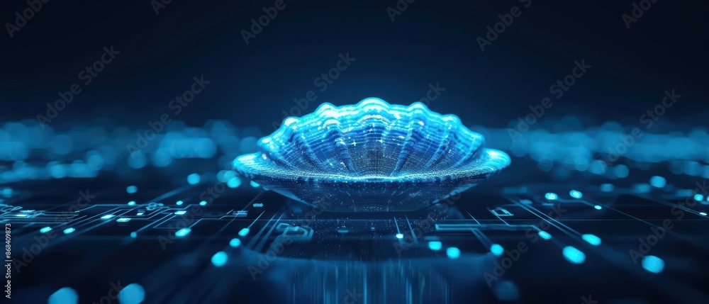 Poster a sleek, futuristic display featuring a holographic shell in a digital environment with copy space