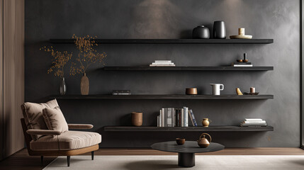 Minimalist wall design with floating shelves holding a refined and curated assortment of decor items.