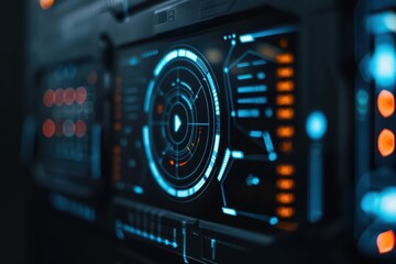 A sleek, futuristic display featuring a holographic shell in a digital environment with copy space