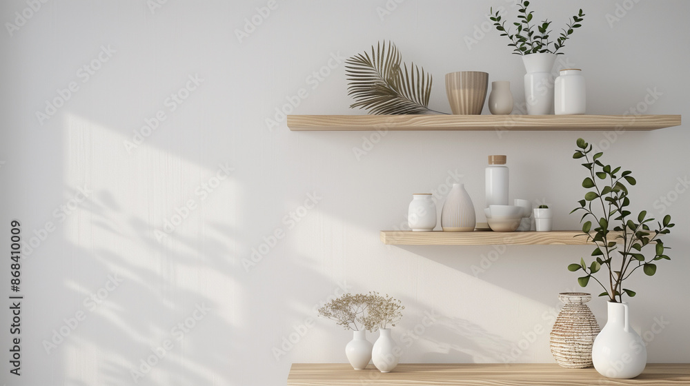 Poster a clean, minimalist wall design featuring streamlined shelves with a carefully selected array of dec