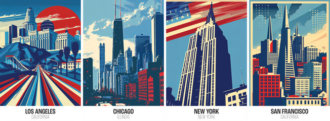 Obraz premium Famous American cities poster collection. USA red white and blue city prints