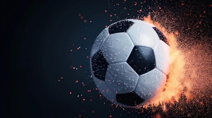 Naklejka premium A soccer ball erupting in a dynamic explosion of light and color, with copy space