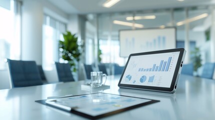 A business meeting room with charts and diagrams on a screen
