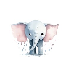 an elephant with pink ears standing in front of a white background