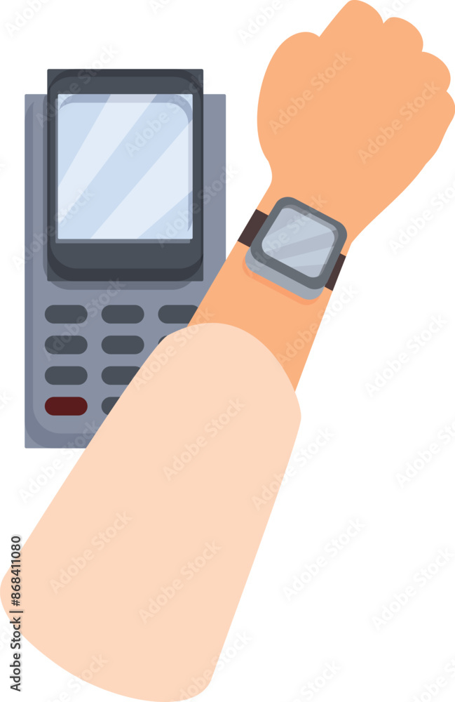 Poster customer is paying for a purchase using a smartwatch with nfc technology on a pos terminal