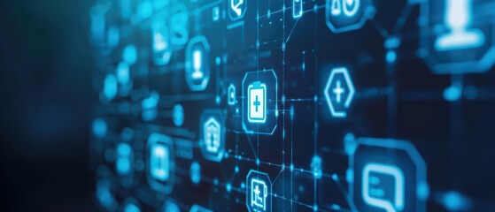 Conceptual minimal cyber healthcare devices interconnected in a futuristic network, with copy space