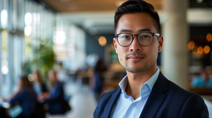 Fototapeta premium A portrait of a young man in an office suit with glasses, his arms crossed, stands in the office corridor. Office worker looking at camera indoors.