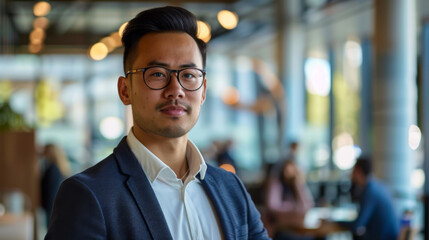 Fototapeta premium A portrait of a young man in an office suit with glasses, his arms crossed, stands in the office corridor. Office worker looking at camera indoors.