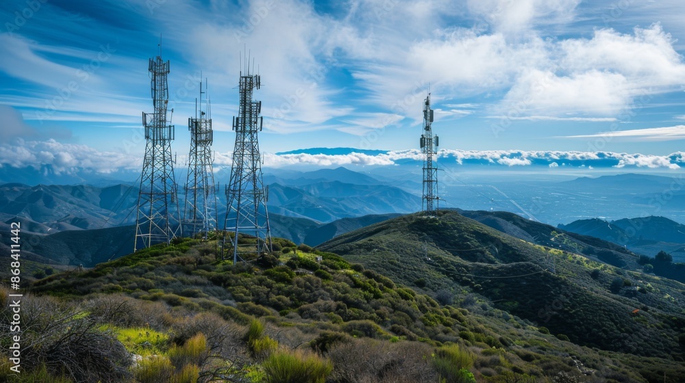 Poster a wide-angle shot of multiple cellphone towers on a mountain range, providing extensive coverage acr