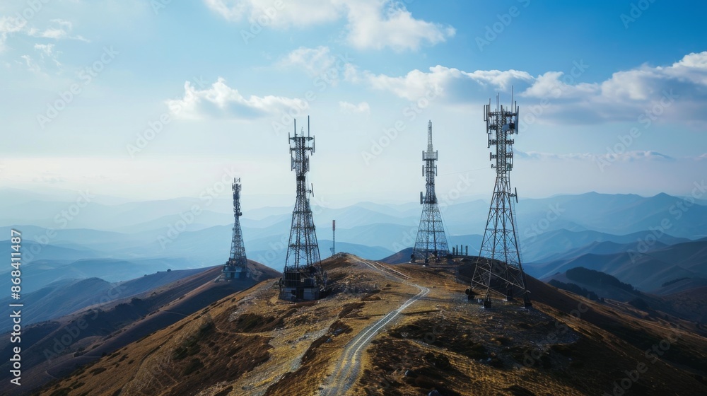 Poster a wide-angle shot of multiple cellphone towers on a mountain range, providing extensive coverage acr