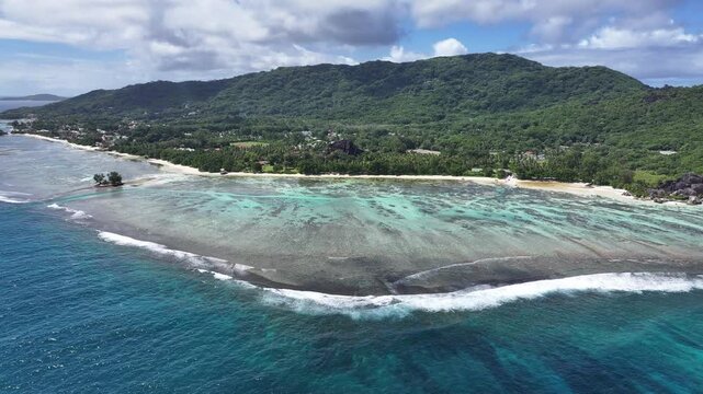 Anse Reunion Beach At La Digue Island Victoria Seychelles. Aerial Beach La Digue Island Victoria. Paradise Landscape Peaceful Beautiful. Paradise Summertime Peaceful Watercolor Coast.