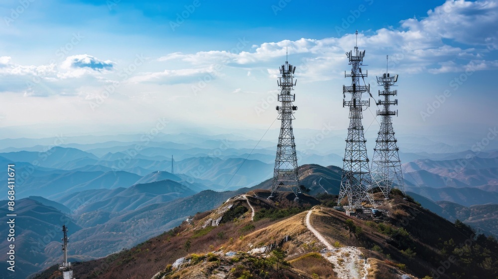 Aufkleber A wide-angle shot of multiple cellphone towers on a mountain range, providing extensive coverage across the area.