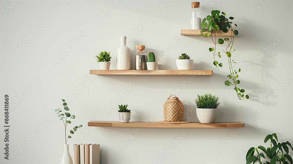Poster a clean, minimalist wall design featuring streamlined shelves with a carefully selected array of dec
