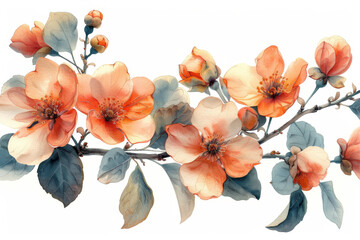 watercolor branch with flowers and leaves on a white background clipart, isolated on the left side, highly detailed and realistic in the style of well lit, soft neutral colors