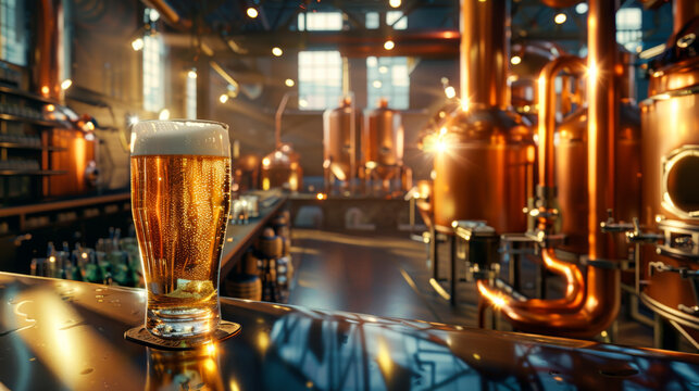 A transparent large glass filled with fresh beer on the background of a modern brewery with copper tanks and pipes. Production of hoppy beer. Beverage, industry concept.