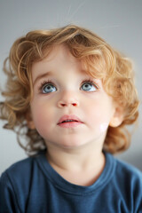 Naklejka premium A young child with blonde hair and blue eyes is looking up at the camera