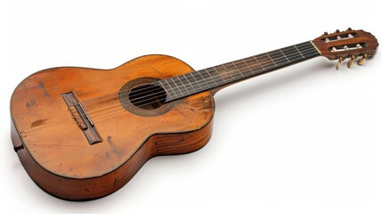 A crisp and clear photo of an old acoustic guitar with a vintage design