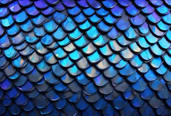 Fototapeta premium Overlapping blue and gray scales, resembling the texture of a fish or reptile skin, fantasy, blue and purple, shiny, dnd