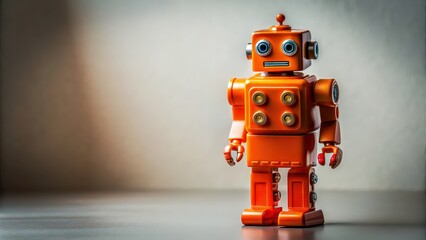 Fototapeta premium Orange robot toy with movable arms and lights, robot, toy, orange, technology, futuristic, play, child, fun, electronic, cute