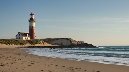 A deserted beach with a lighthouse in the distance, featuring sandy shores and tranquil waves