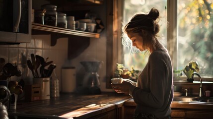 a woman enjoying a quiet cup of coffee  in a serene morning