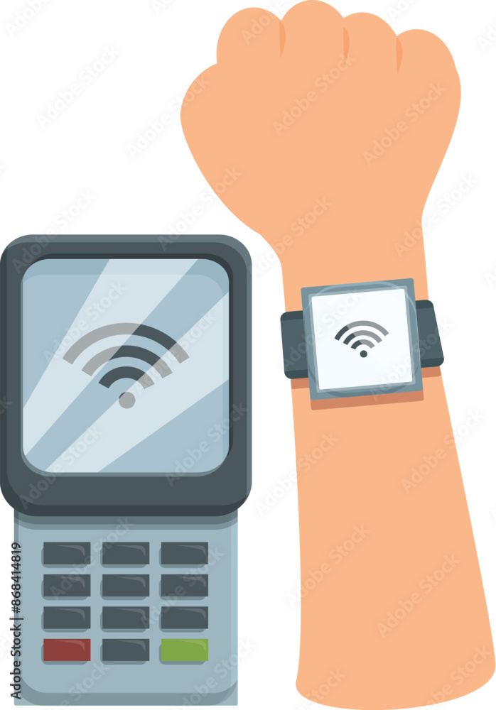 Aufkleber hand wearing a smartwatch making a contactless payment on a pos terminal using nfc technology