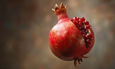 pomegranate with seeds falling out against a blurred background, a photorealistic 3D rendering showcasing intricate textures and colors in high resolution