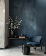Minimalist interior with blue wall and metal accents
