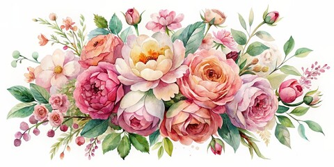 Watercolor painting of a beautiful flower arrangement in shades of pink and blush, watercolor, flower, arrangement, pink, blush