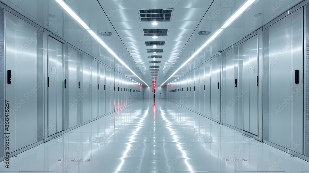 Aufkleber White interior of a datacenter, High-tech data center with rows of server cabinets and white walls, creating an atmosphere of technology innovation. Generative AI.