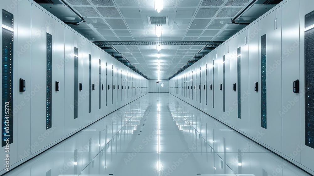 Poster White interior of a datacenter, High-tech data center with rows of server cabinets and white walls, creating an atmosphere of technology innovation. Generative AI.