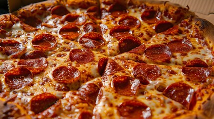 A large pepperoni pizza with melted cheese, indulgent comfort food,