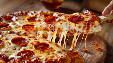 A large pepperoni pizza with melted cheese, indulgent comfort food,