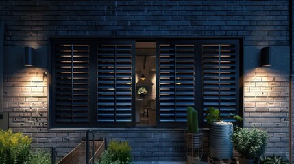 Minimalist urban home featuring dark Bahama shutters for privacy and a striking contrast against light brick walls