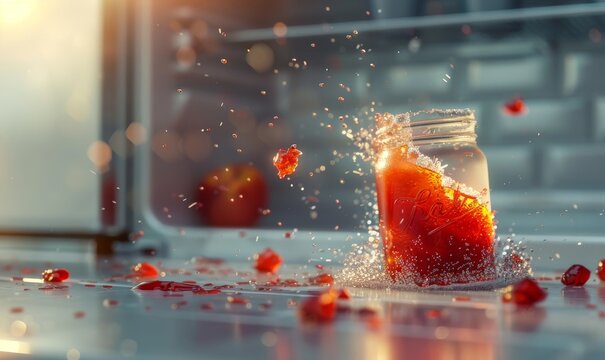 mason jar of ketchup falling from the top shelf in an open refrigerator and breaking into pieces on the kitchen counter with splashes everywhere