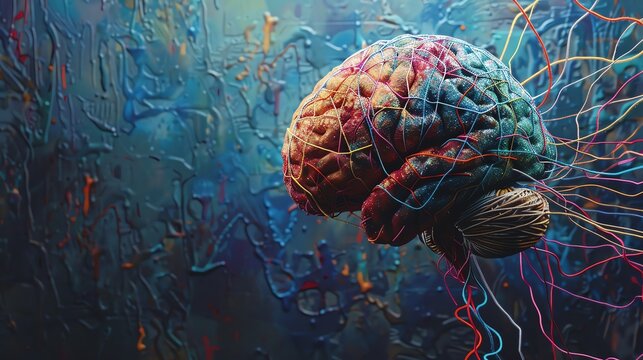 Brain with interwoven threads, connected thoughts,