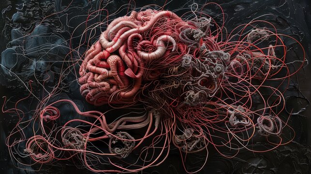 Brain with interwoven threads, connected thoughts,