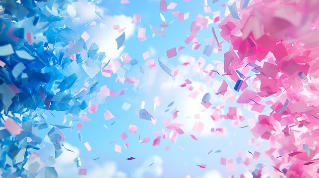 Confetti explosion with blue and pink colors, exciting gender reveal moment,