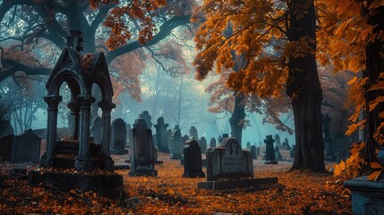 Haunted graveyard with tombstones and autumn foliage, eerie and seasonal,