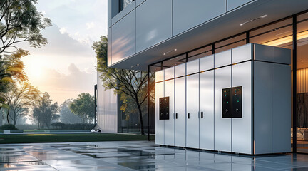 White square energy storage cabinets at front of house, high-end atmosphere, e-commerce main. Generative AI.