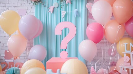 Pastelcolored backdrop with a large question mark and babythemed decorations, playful gender reveal party,