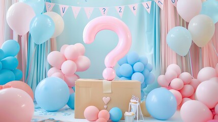 Pastelcolored backdrop with a large question mark and babythemed decorations, playful gender reveal party,