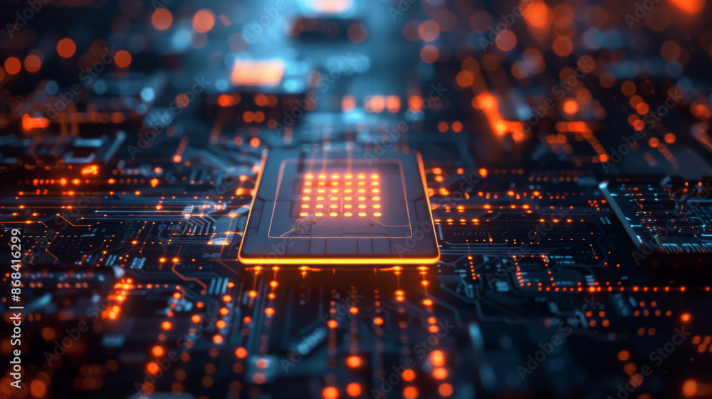 Poster close-up of a technology chip in a processor on a dark background with orange backlight. technology 