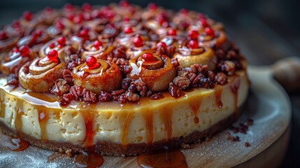 A close-up of a cinnamon roll cheesecake with caramel drizzle