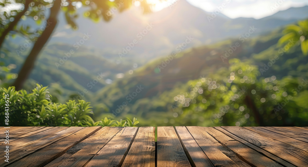 Aufkleber Wooden table with bokeh background and mountain view, copy space for text. Generative AI.