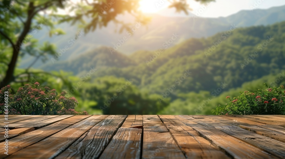 Aufkleber Wooden table with bokeh background and mountain view, copy space for text. Generative AI.