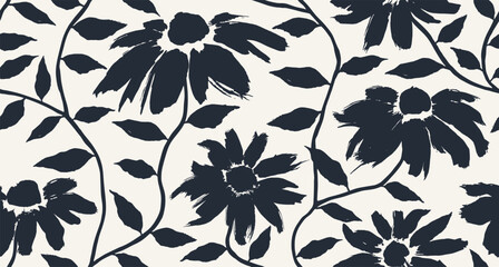 Fototapeta premium Brush leaf and flower silhouettes vector seamless pattern. 