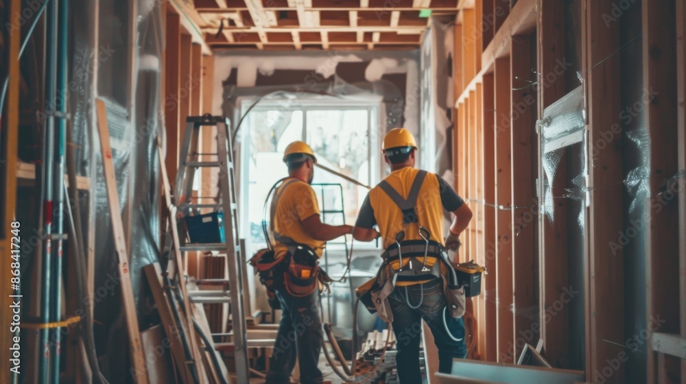 Poster workers installing plumbing and electrical systems in a new residential building, highlighting the e